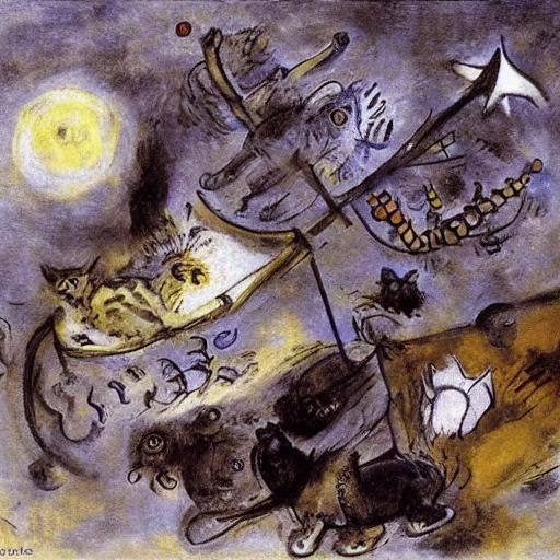 Cat Repairs Cosmosaurus System, Goya and Chagall Style