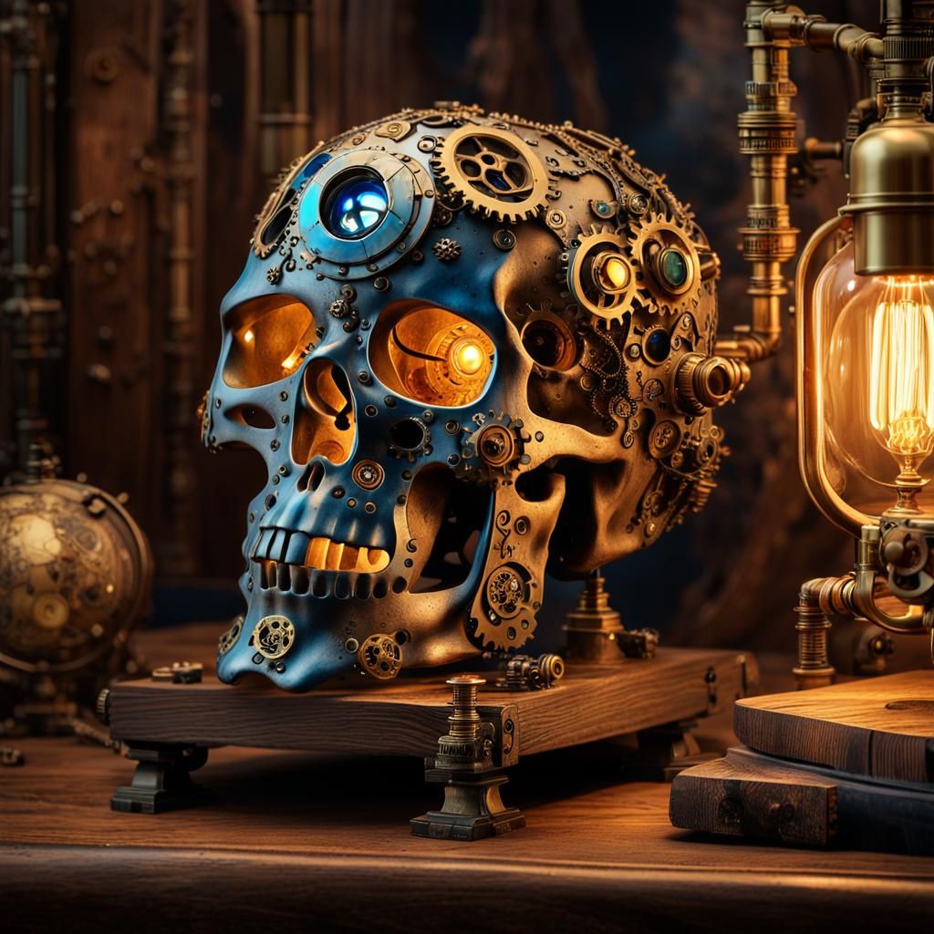 Steampunk Skull Lamp with Glowing Blue Eyes