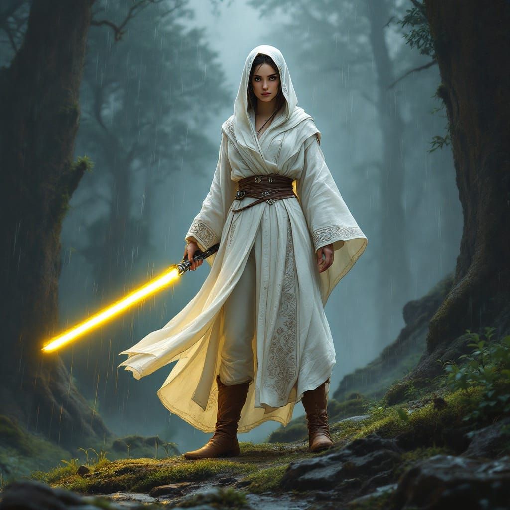 Mystical Jedi Sentinel in Rainy Forest