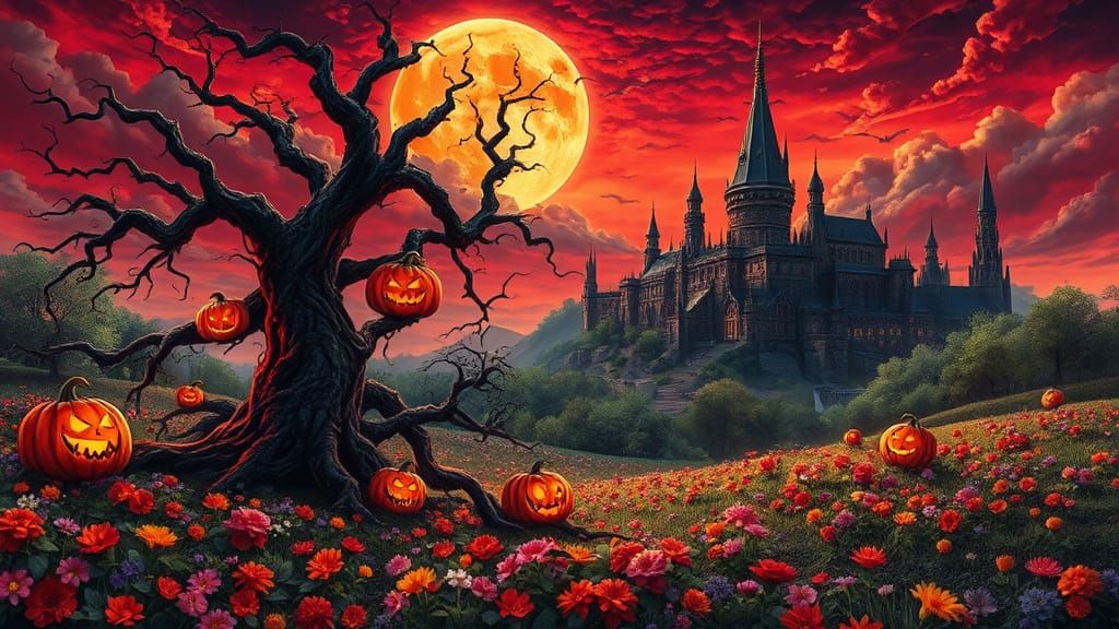 Eerie Halloween in Spring Landscape, Impasto Style