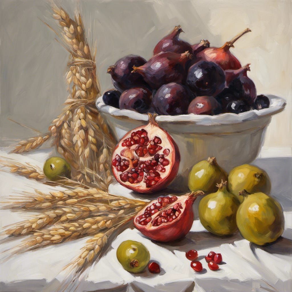 Still Life Oil Painting of Grains and Fruits
