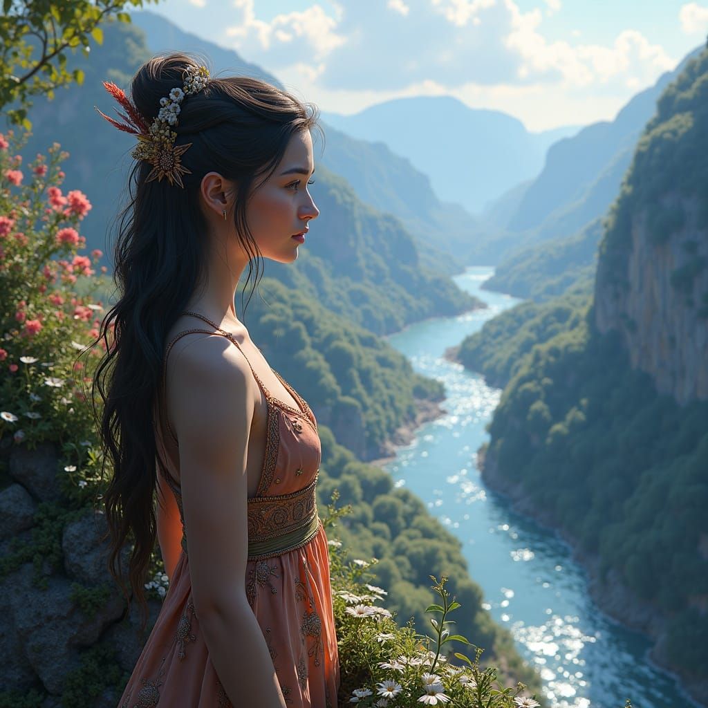 Girl Overlooking Peaceful Valley in Concept Art Style