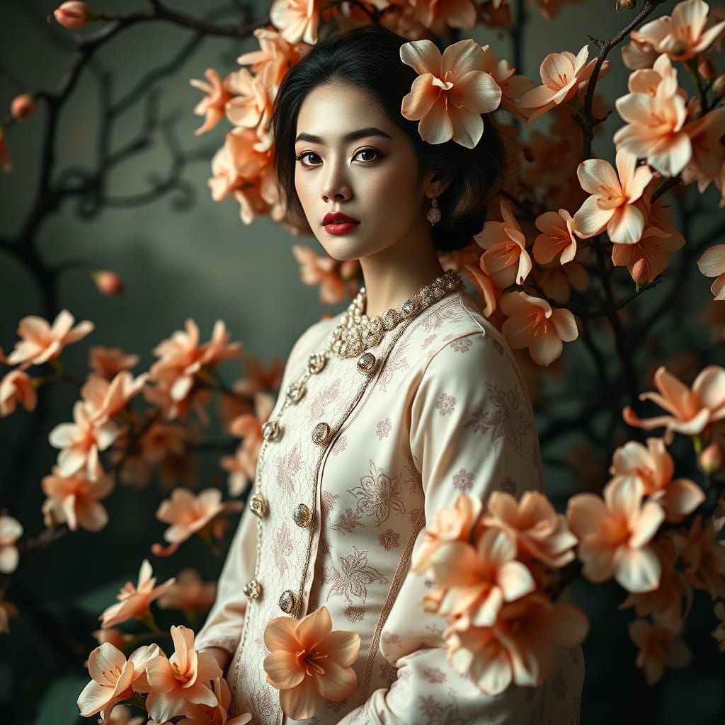 Dreamy Woman with Cherry Blossoms, Guillermo del Toro Style