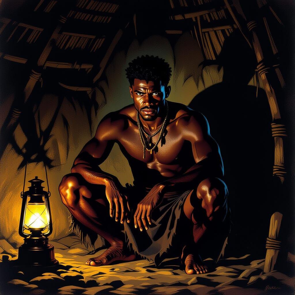 Proud Young African Man in Traditional Hut