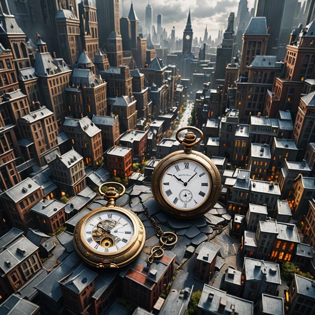Pocket Watch over Cityscape: Detailed Matte Painting