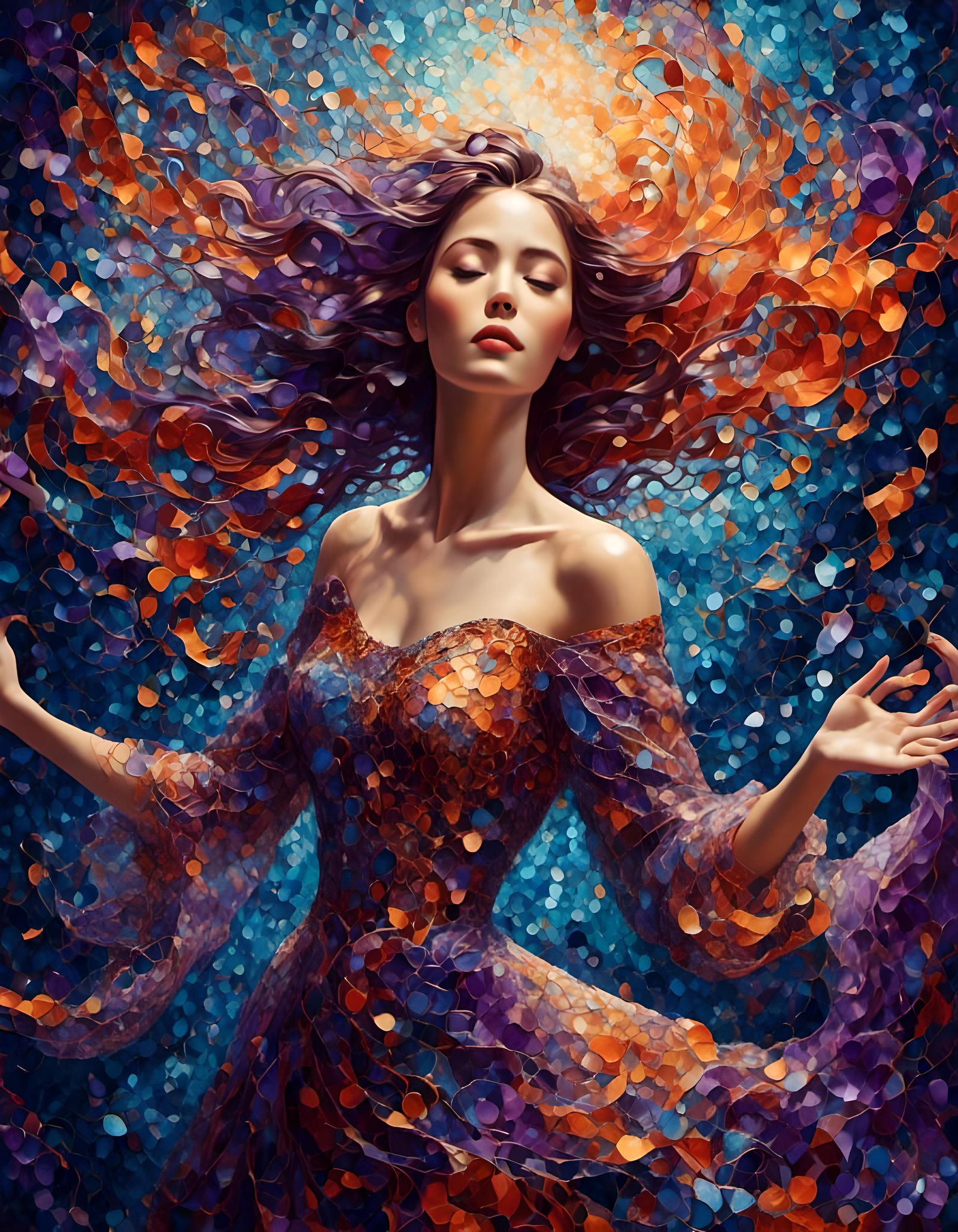 A girl in a lacy dress with one hand on her face blocking it from her hair that is blowing in the wind, her other hand h...