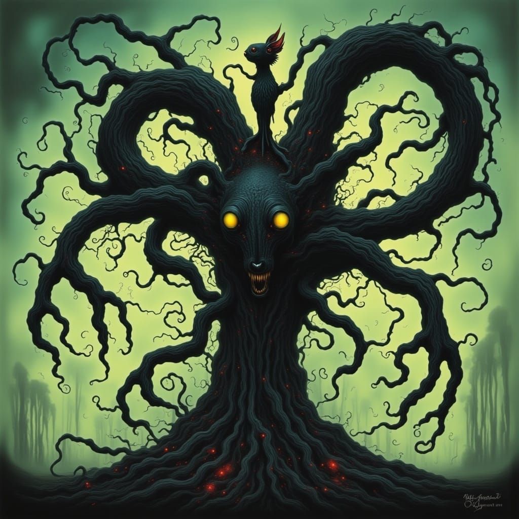 Macabre Tree with Squirrel in Surreal Forest