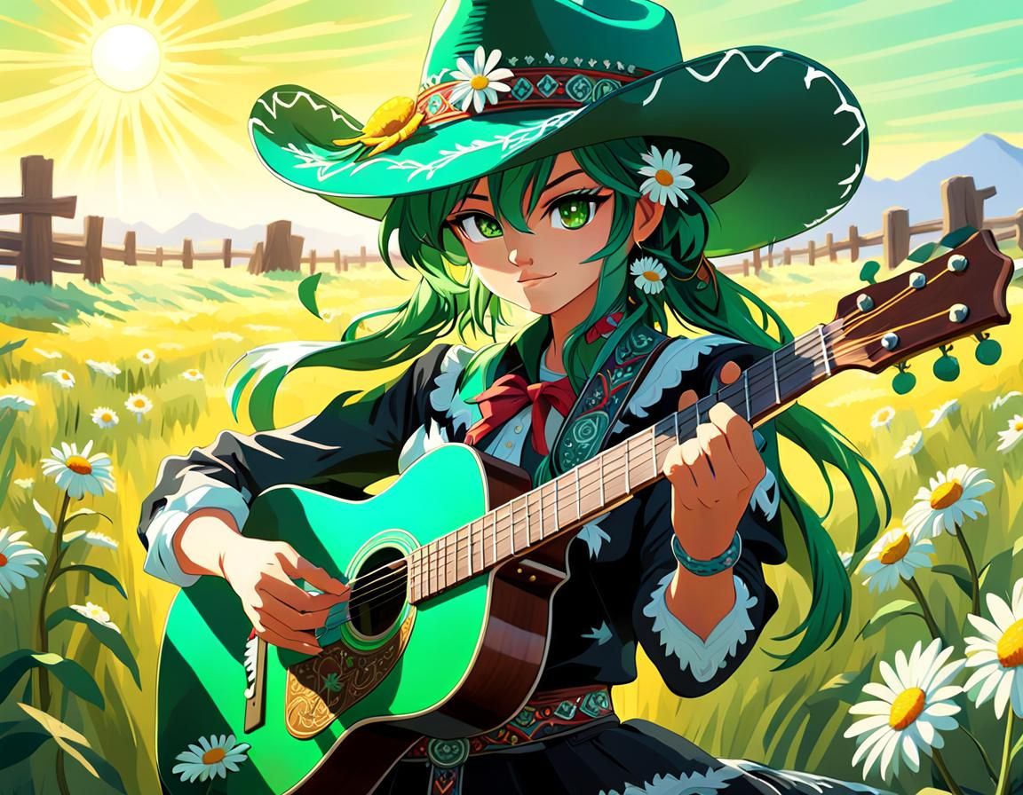 Anime Cowgirl Plays Emerald Guitar in Western Landscape