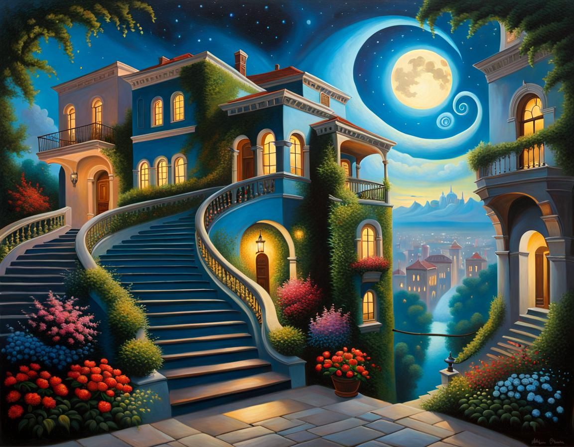 Stairway to Night Sky: Surrealist Fantasy Painting