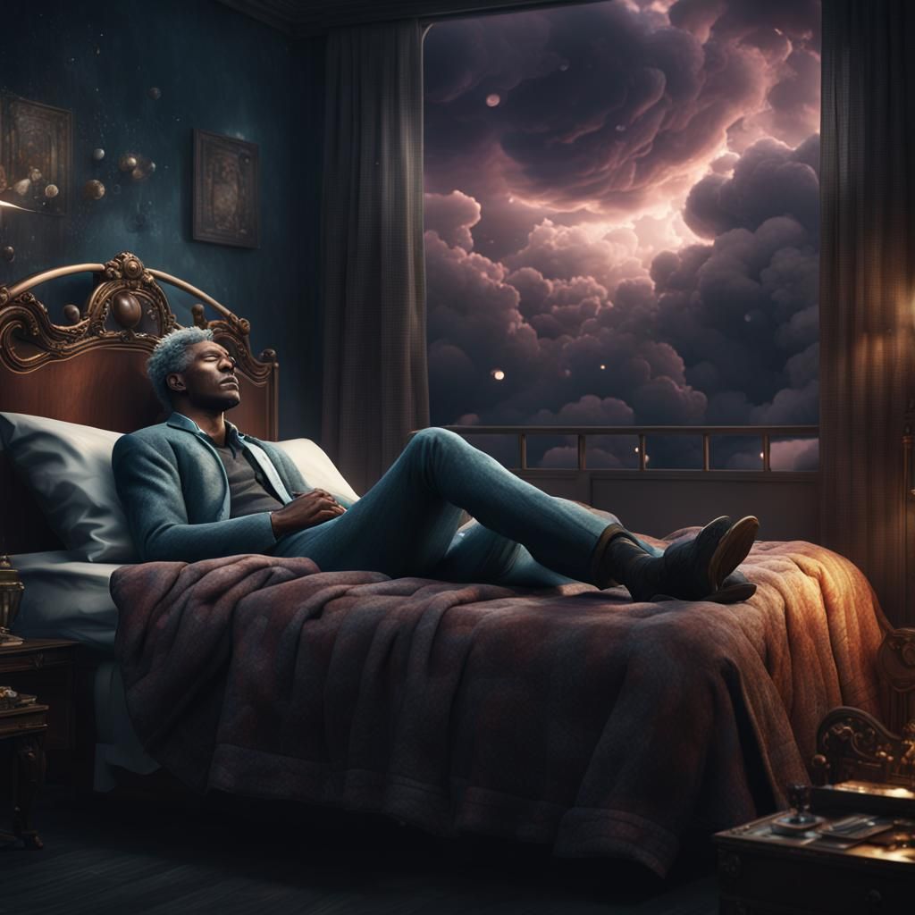 Man Crying in Bed with Thought Bubbles: Fantasy Art