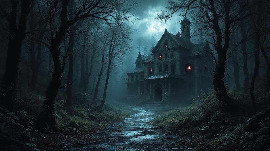 Eerie Dark Landscape with Haunted Forest and Asylum
