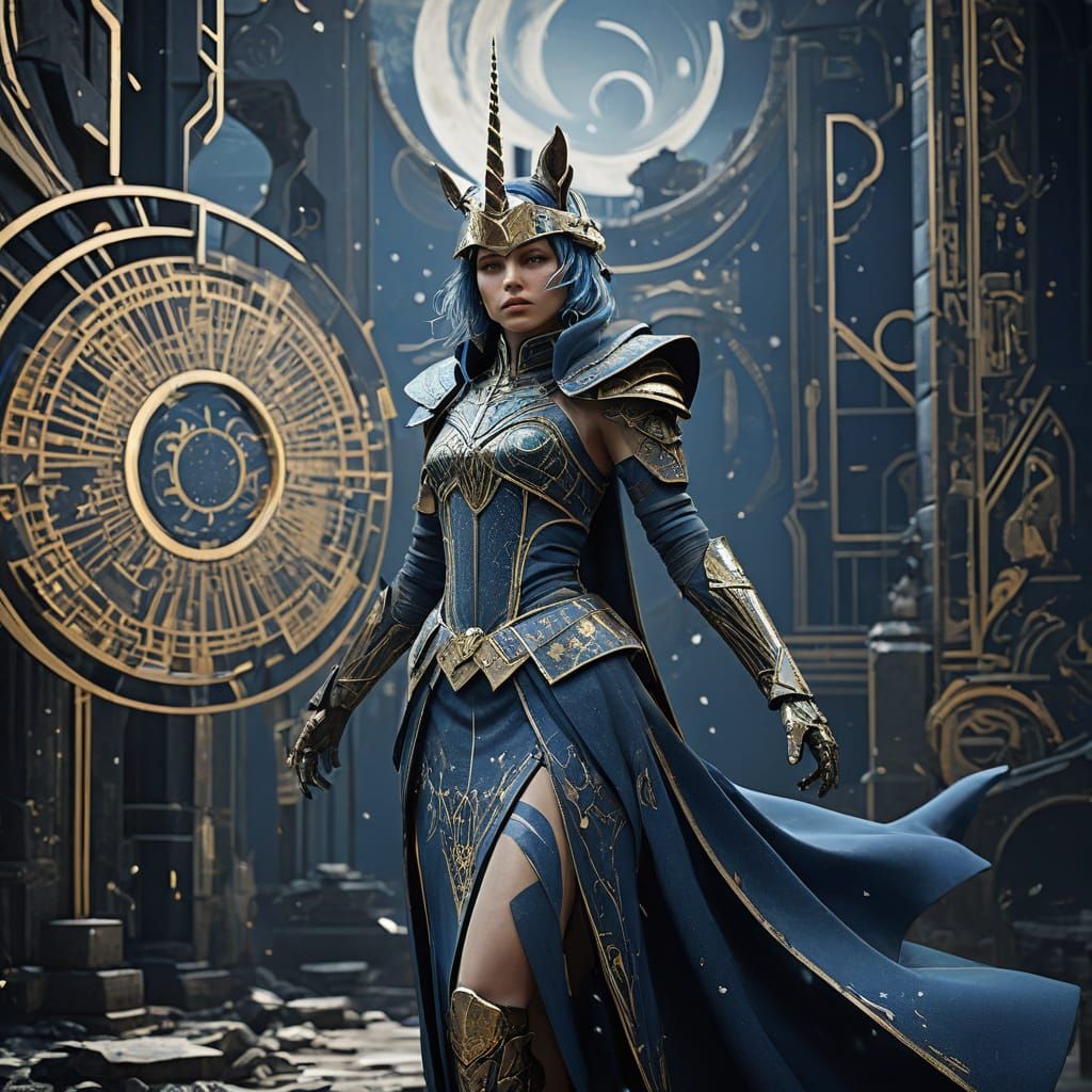 Art Deco Woman Reaches for Geometric Unicorn in Cosmic Scene