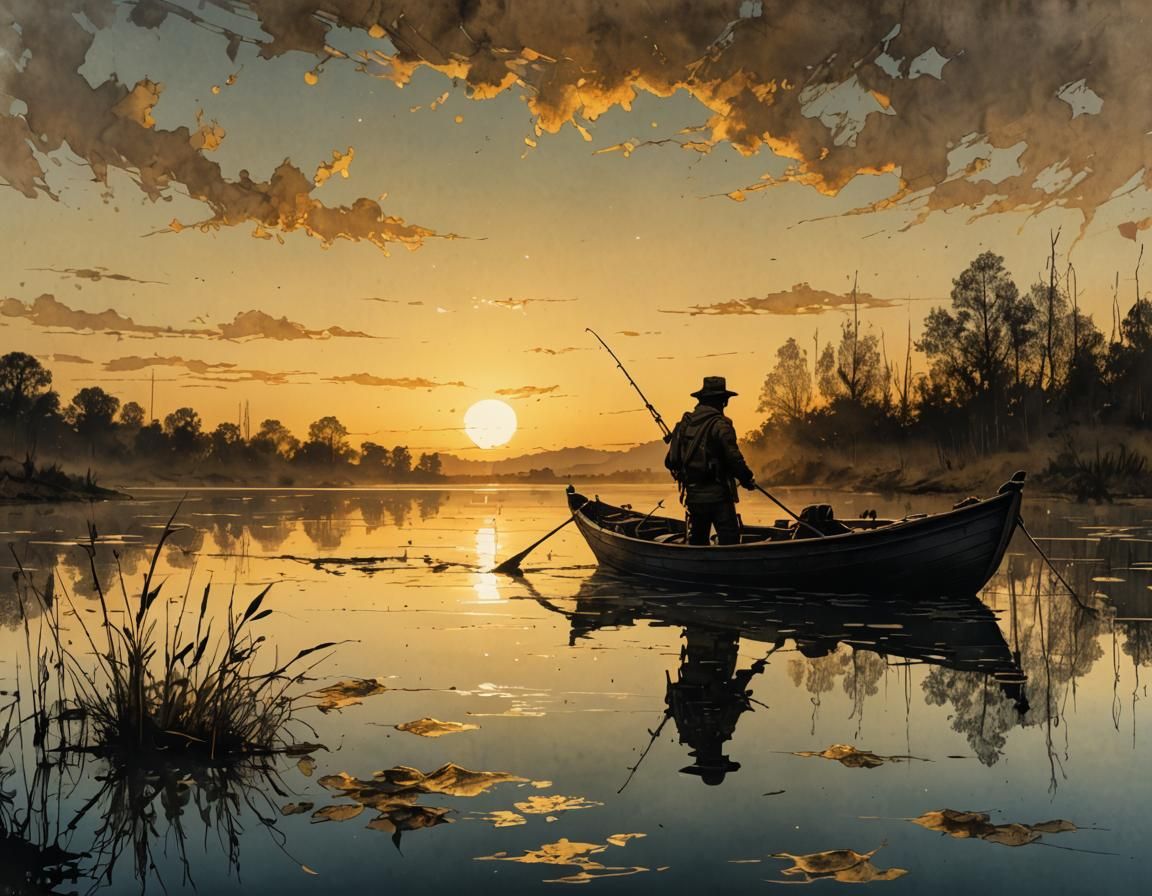 Fisherman Silhouette at Golden Hour, Impressionistic Style