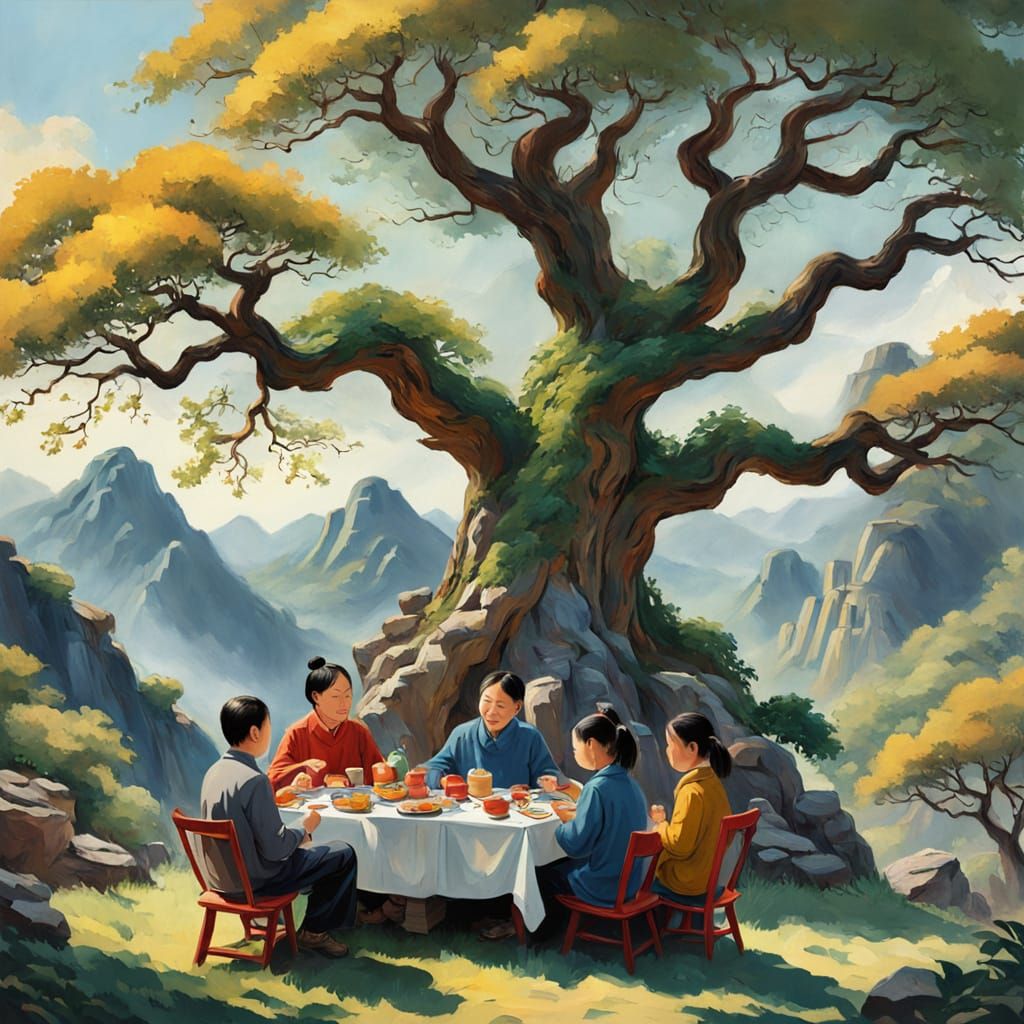 Chinese Family Enjoying Lunch as Gouache Painting