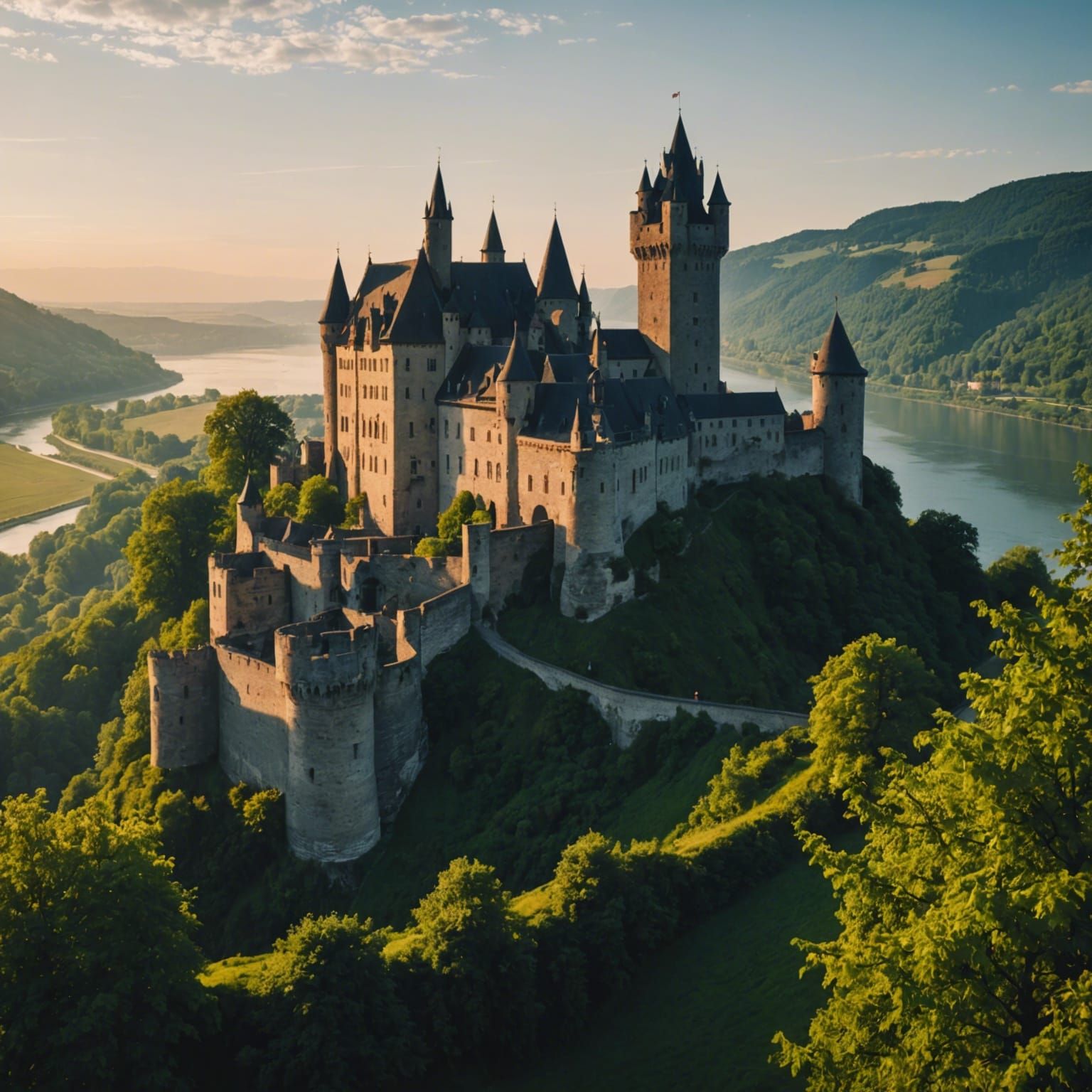 Rhine Castle at Sunrise in Cinematic Style