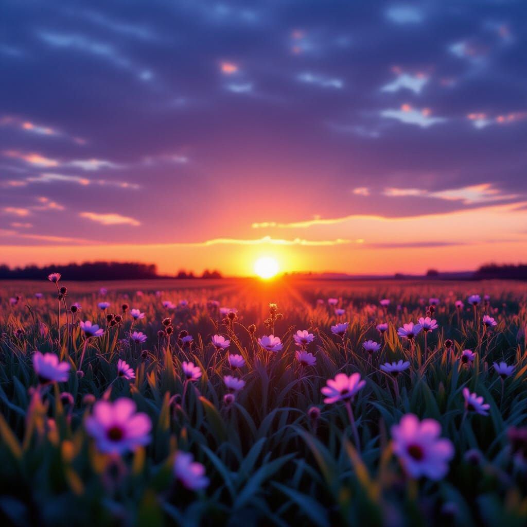 Vibrant Sunset Over Dark Green Grass with Purple Flowers