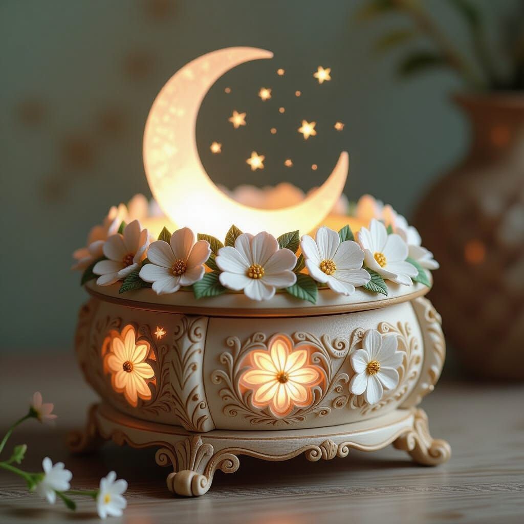 Glowing Music Box with Carved Flowers in Fairy Tale Style