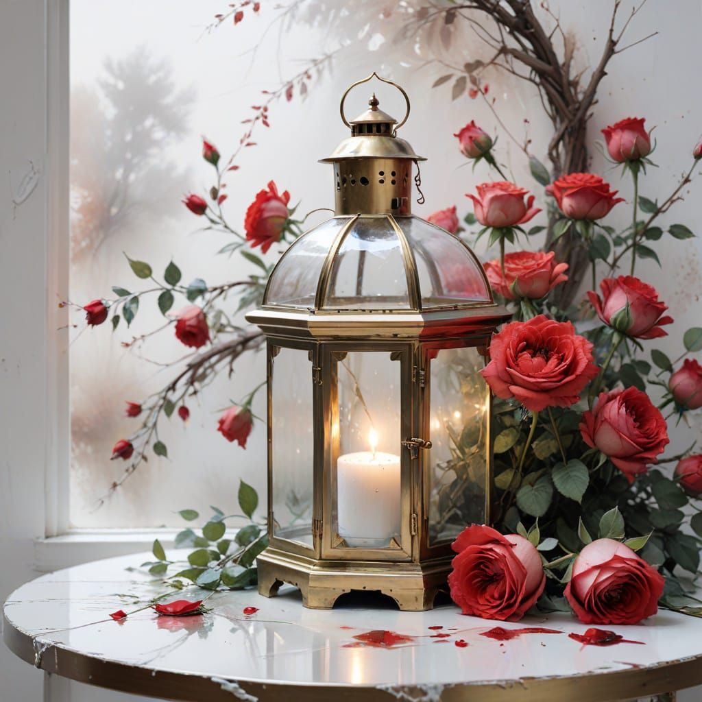 Ethereal Watercolour of Lantern & Roses