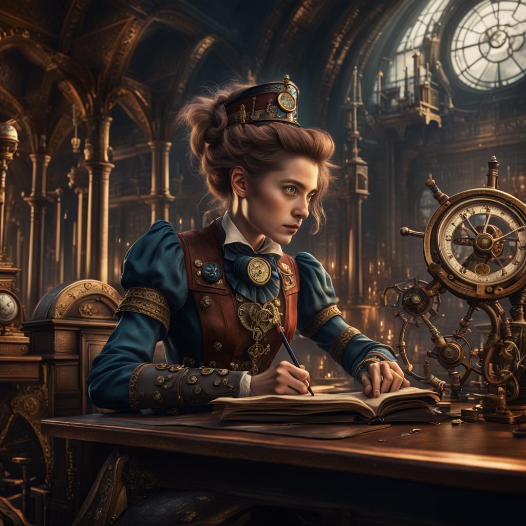 Steampunk Scholar at Desk: Detailed Matte Painting