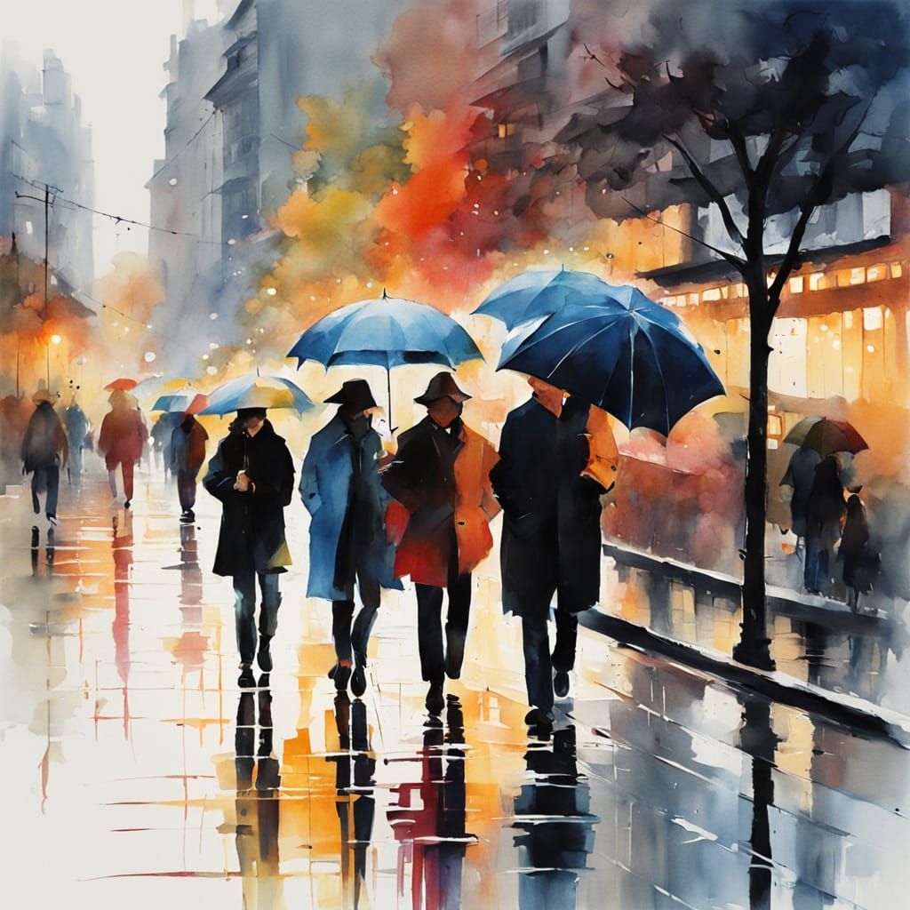 Vibrant Watercolor Street Scene with Rainy Day Life