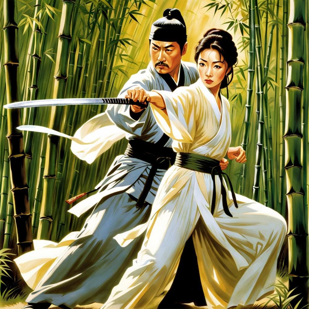 Martial Arts Sword Fight in Sumi-e Style