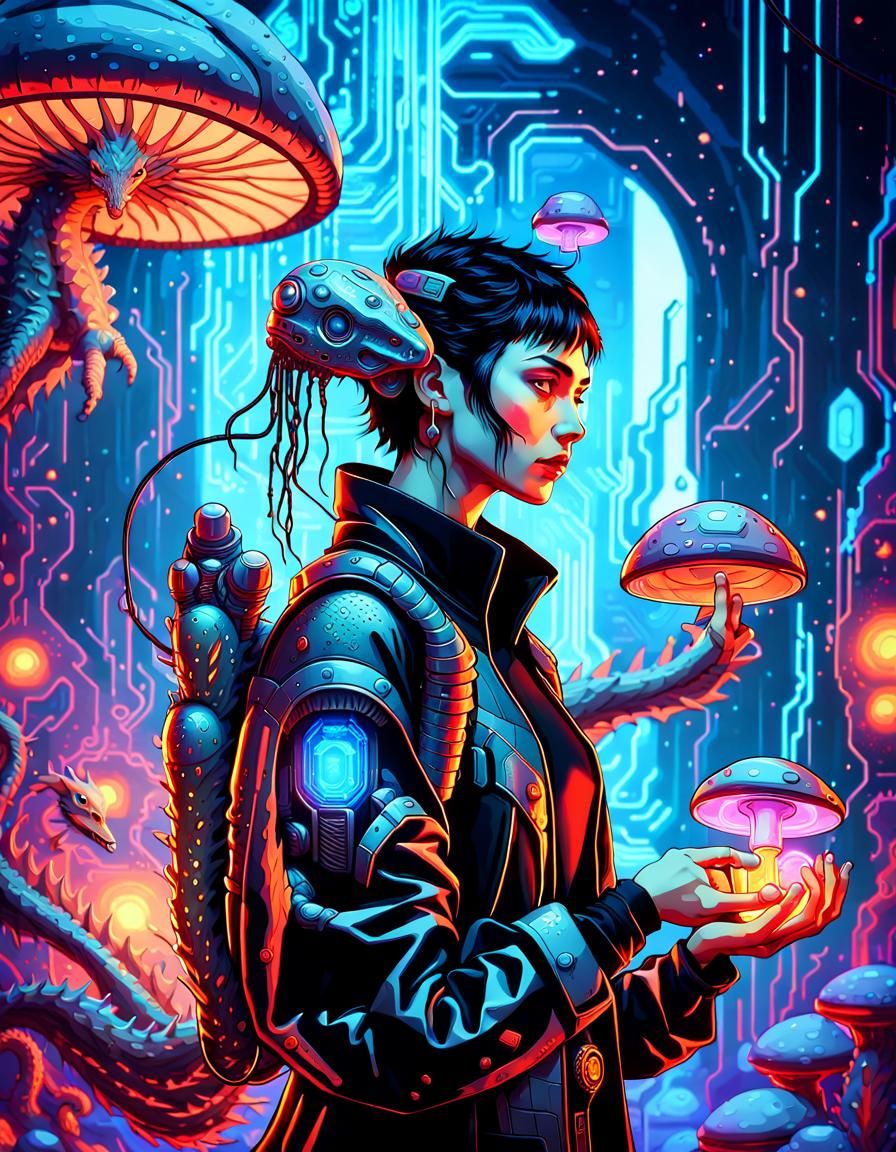 Cyberpunk Bio-Cyborg with Dragon Mushroom