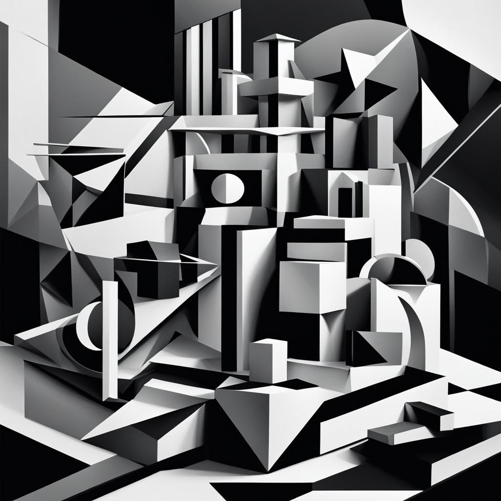 Black and White Cubist Still Life in Geometric Style