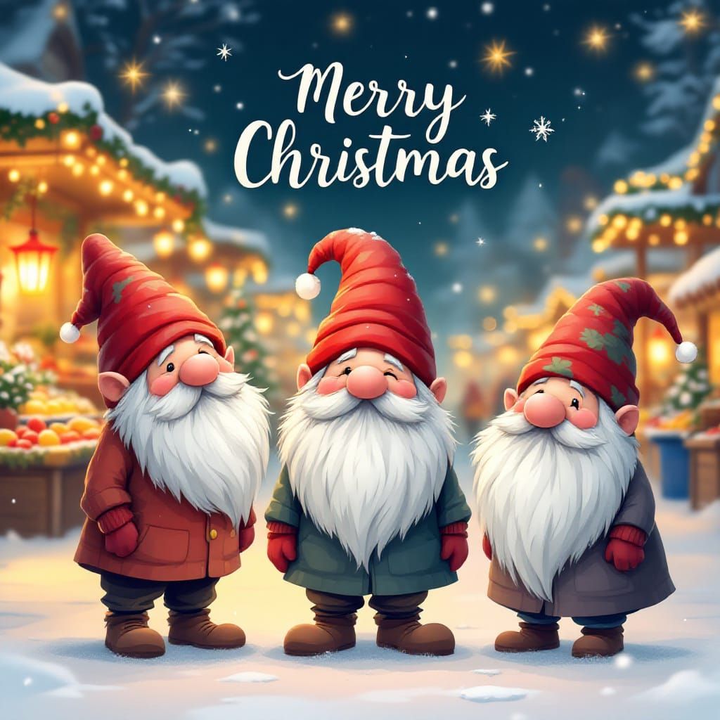 Three Gnomes in Snowy Village Square Merry Christmas