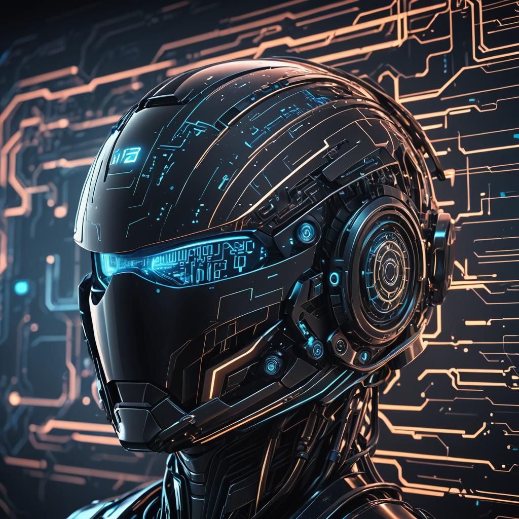 Futuristic Helmet Displaying Code in Neon-Lit Cyberpunk Styl...