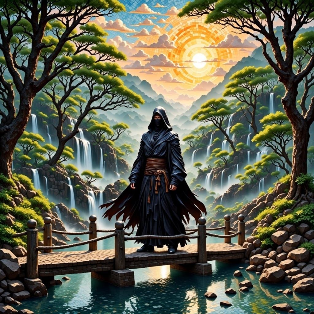 Ninja in Water Garden with Waterfall