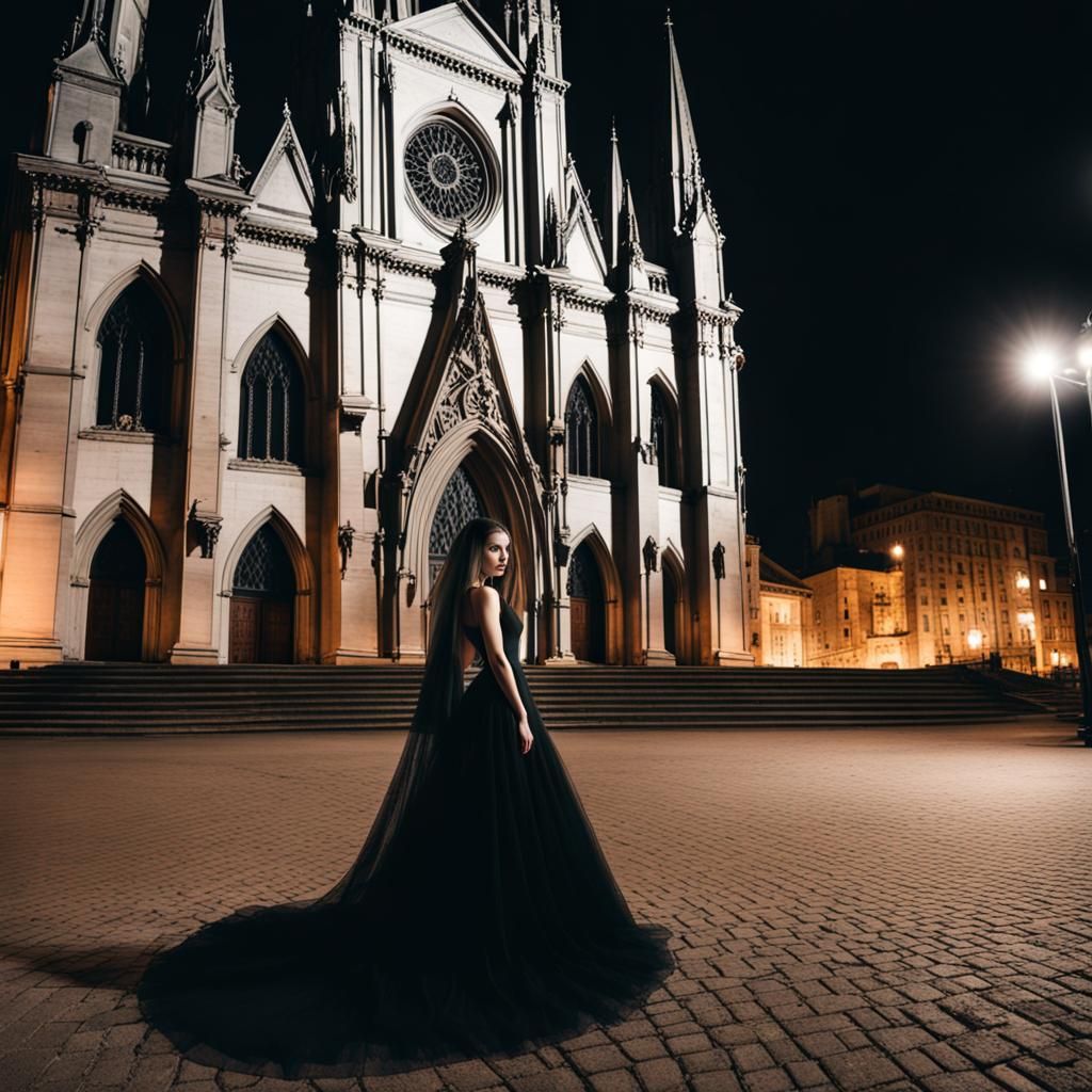 Gothic Lady in Black at Night