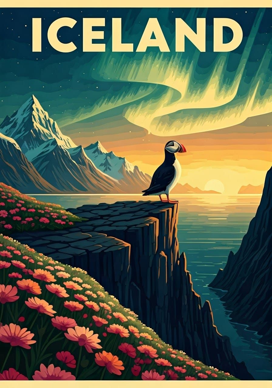 Iceland Puffin Poster Art in Vintage Style