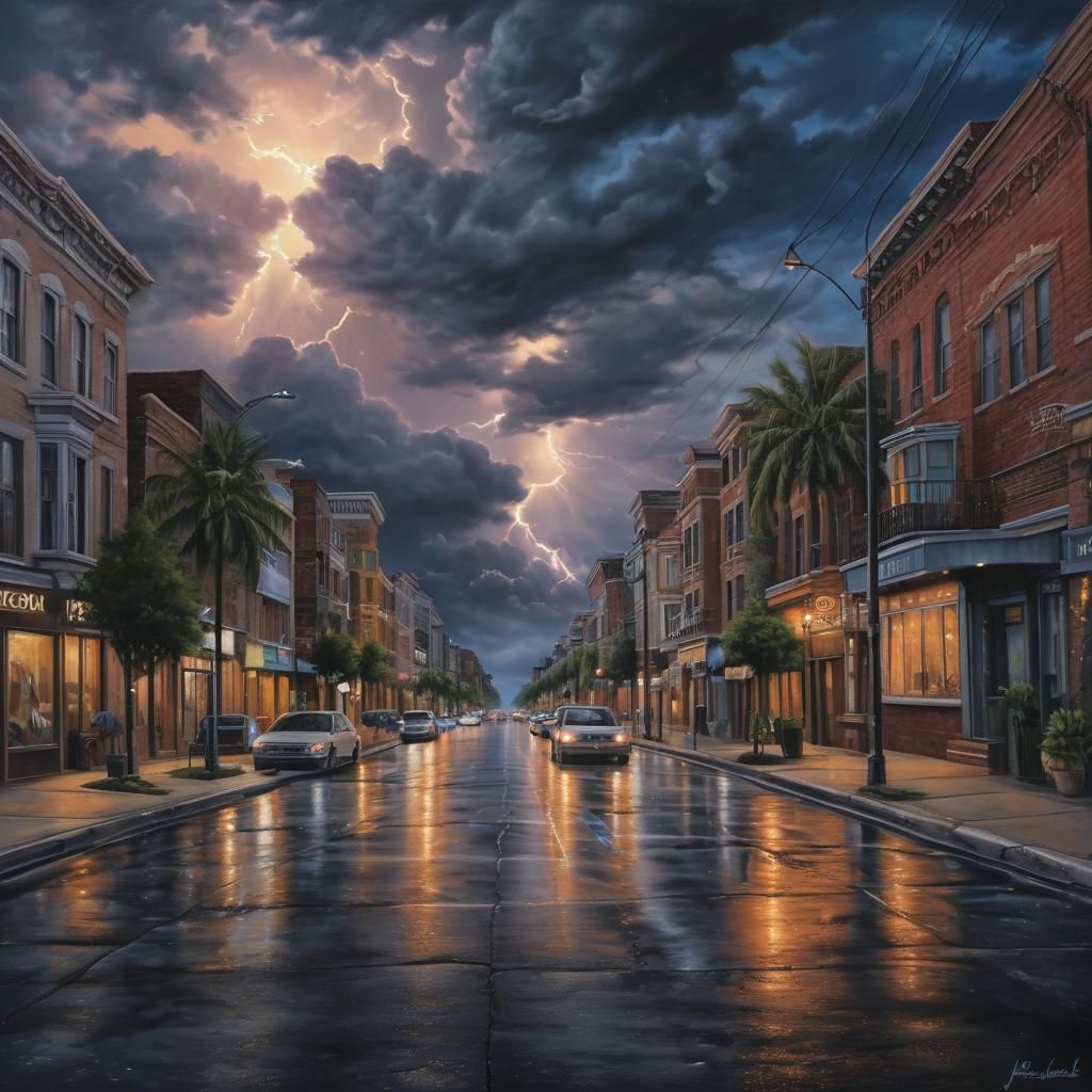 Hyperrealistic Lightning Storm Street View Oil Painting
