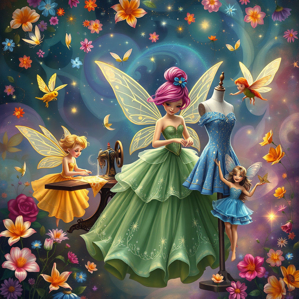 Fairies Fashioning Gowns in Dreamlike Realm