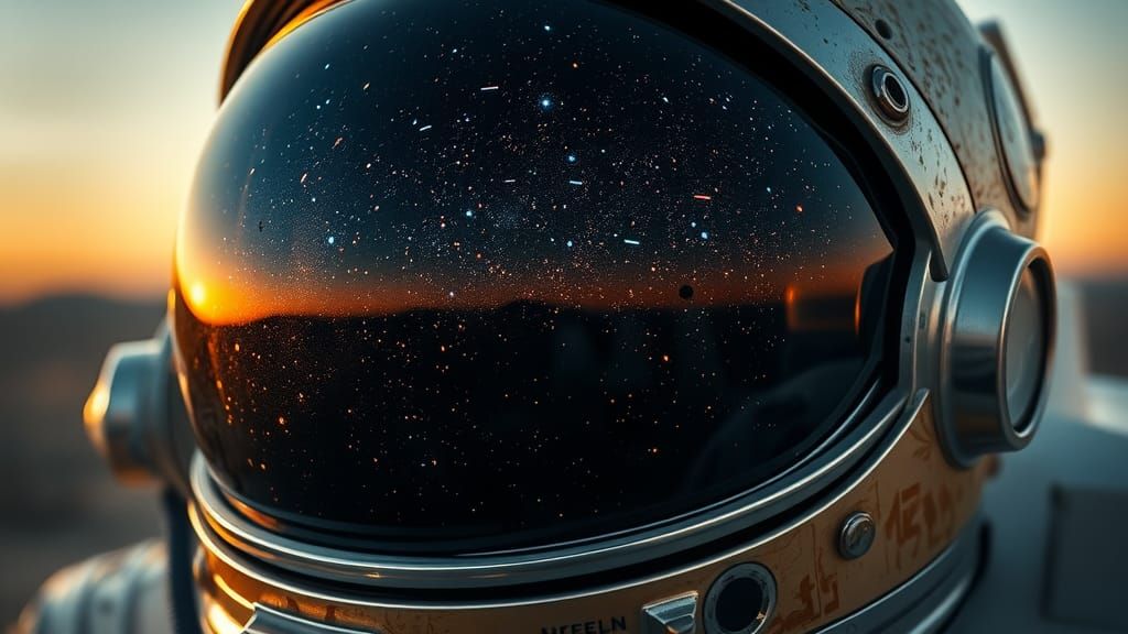 Astronaut Helmet Reflecting Infinite Cosmos