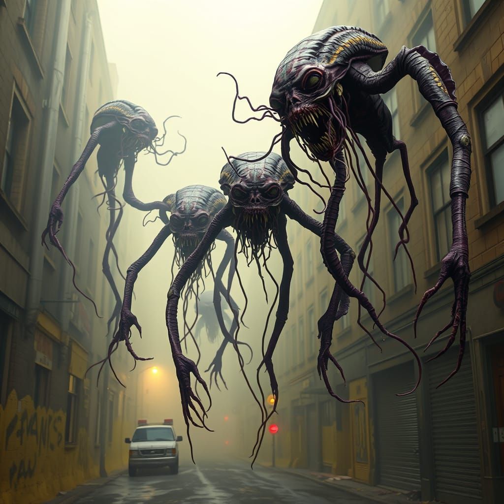 Surreal Urban Nightmare Unfolds in Dark, Chimeric Procession