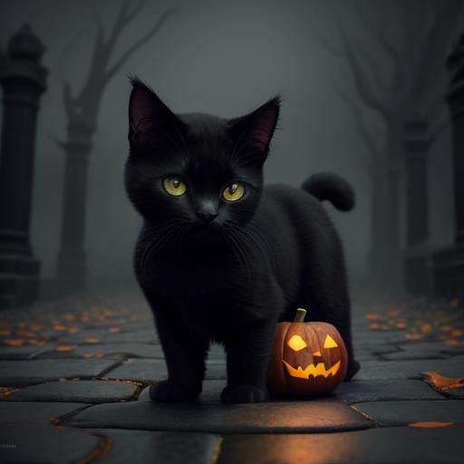 Black Kitten in Jack-O-Lantern: Fantasy Concept Art