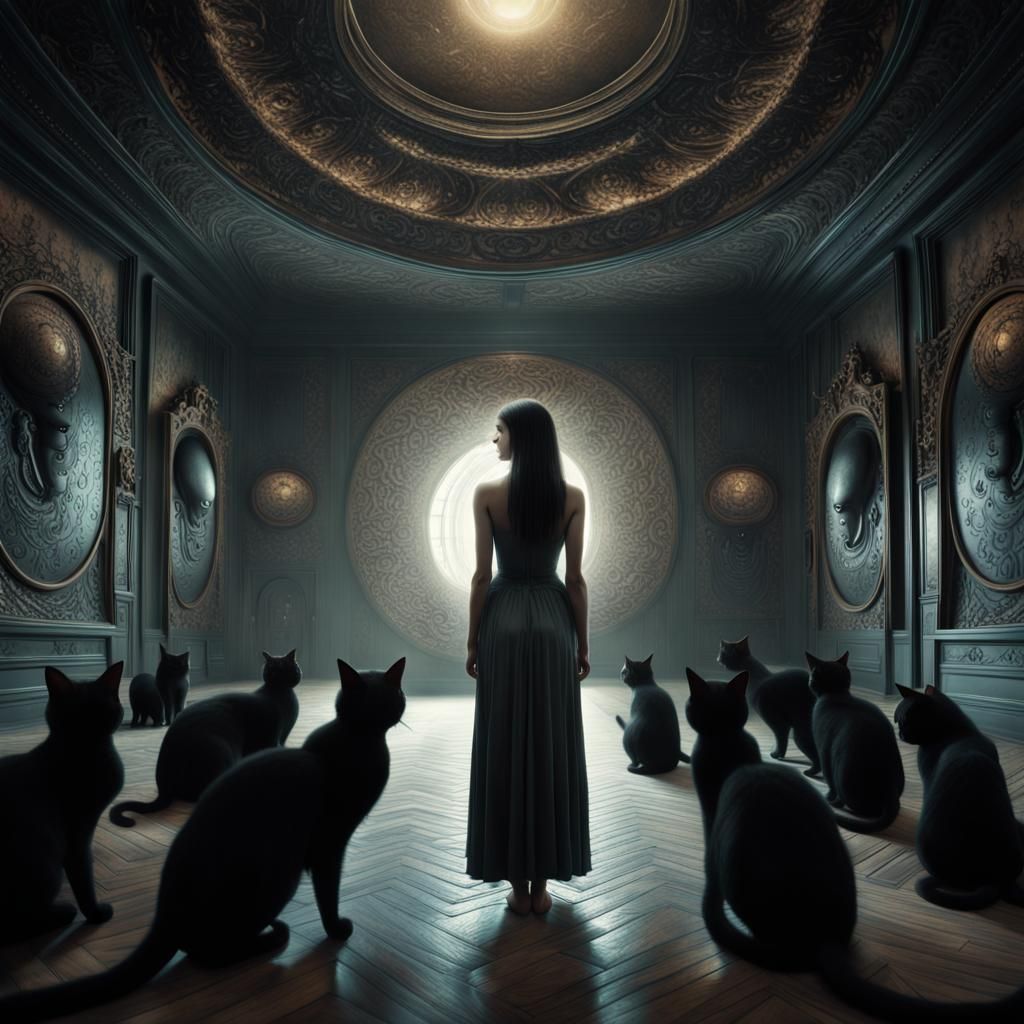 Mysterious Enchantress Amidst a Whimsical Cat Sanctuary