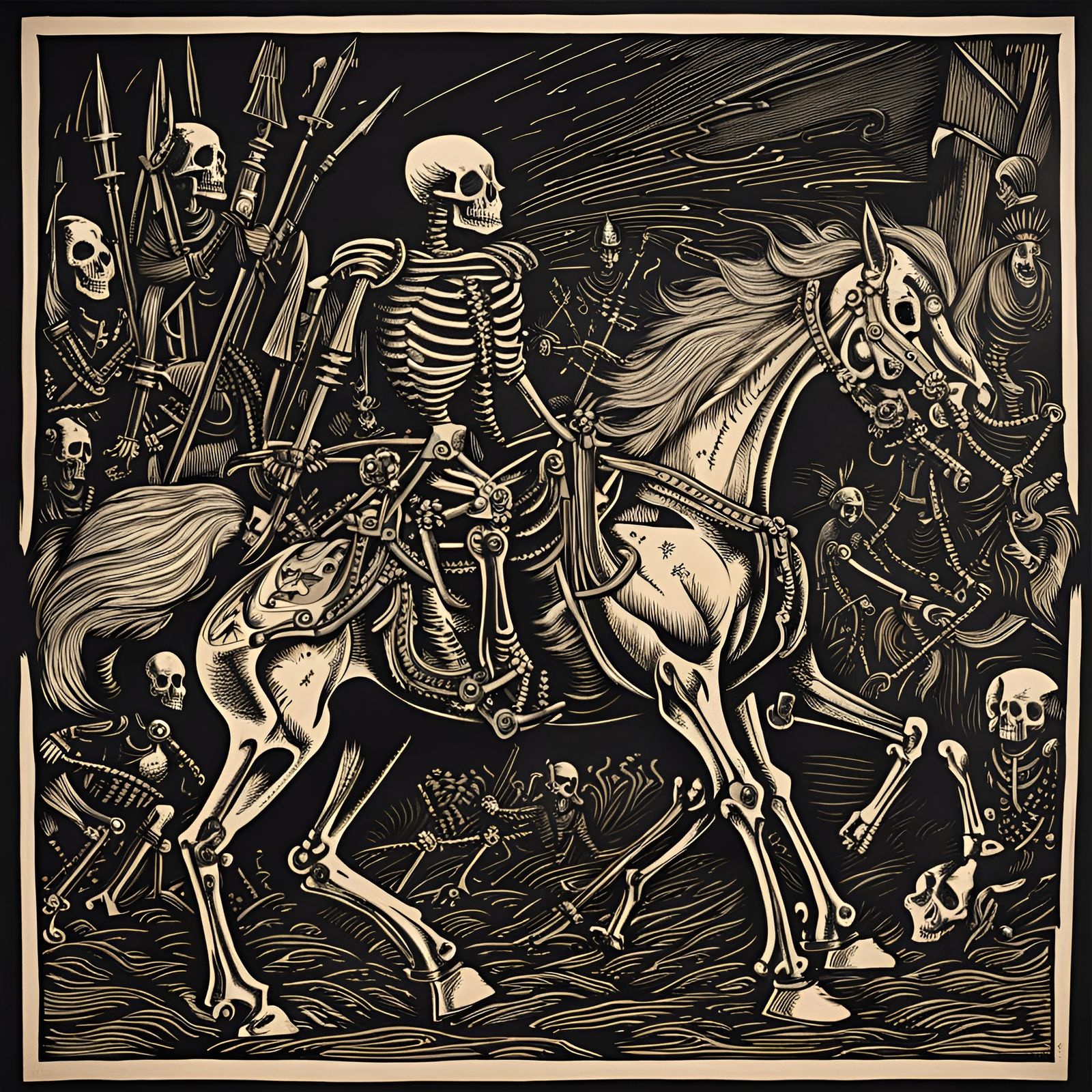 Skeletal Commander Leads Army as Lithograph Woodcut