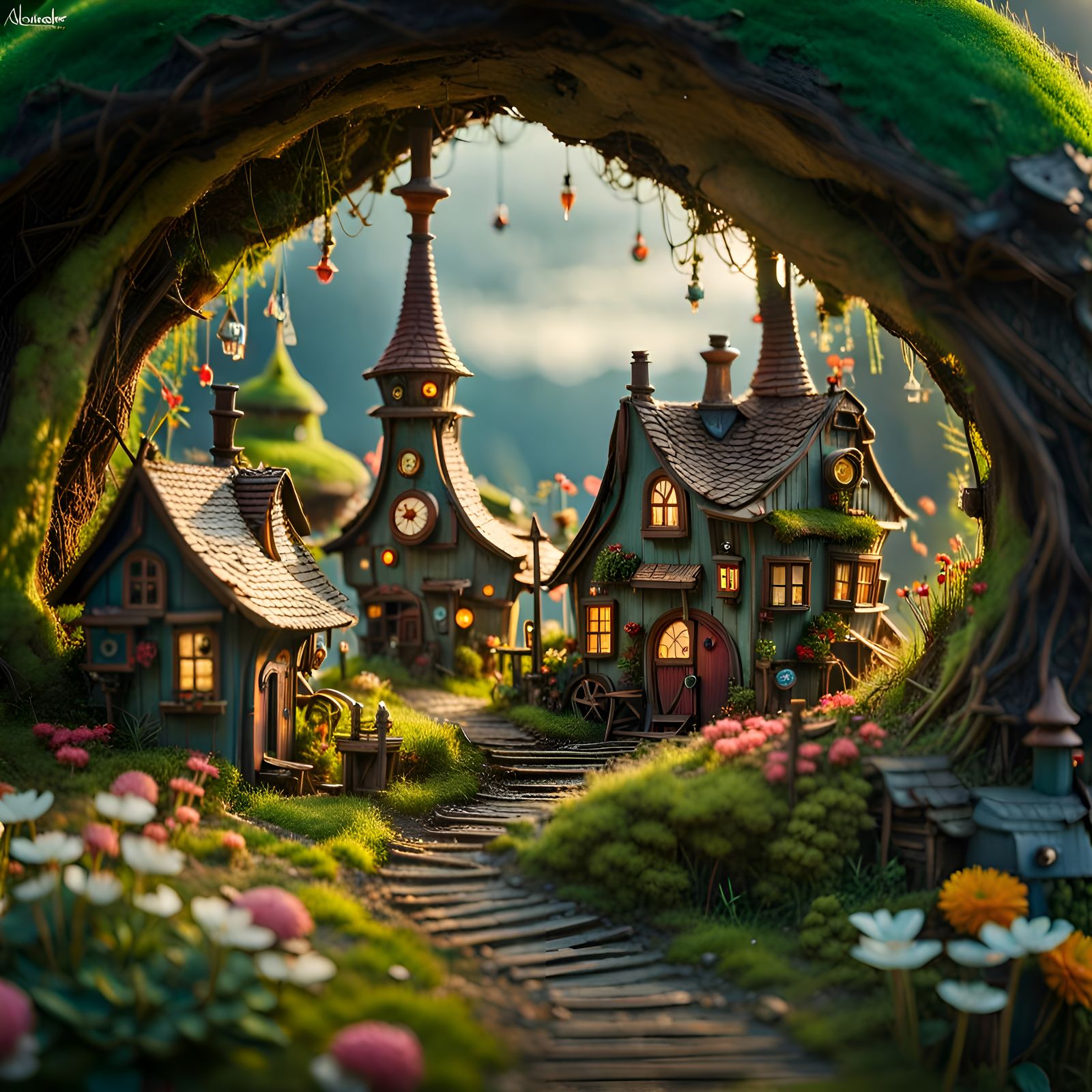 Elaborate Miniature Faerie Village Diorama