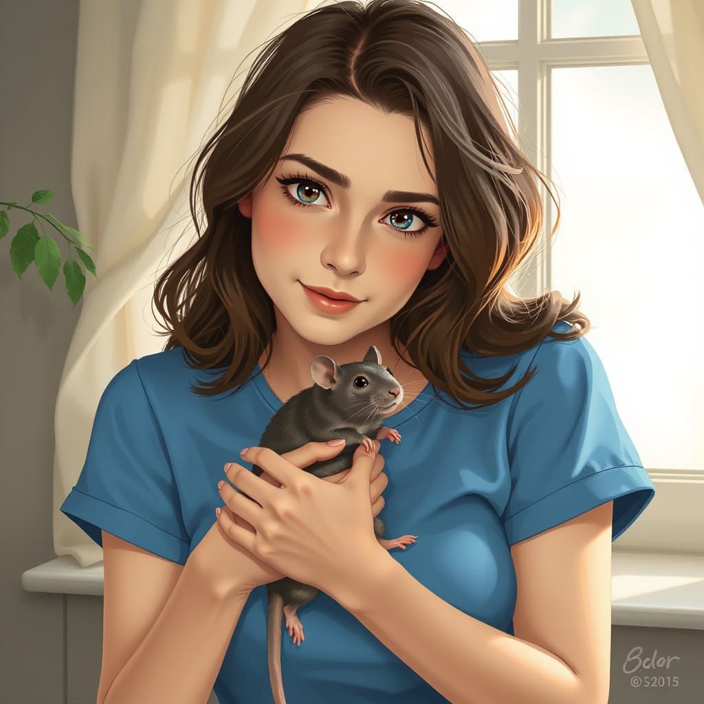 Woman Gently Holding Rat in Soft Light