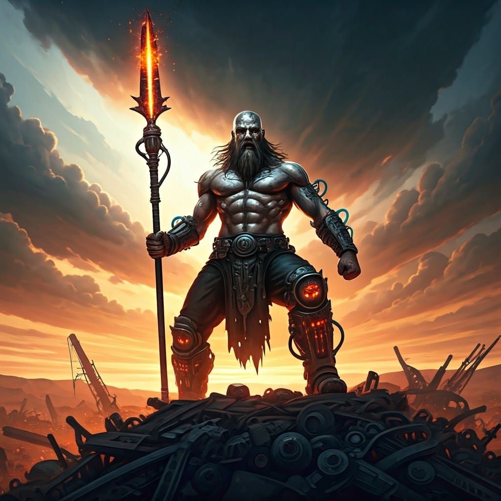 Cyberpunk Warrior King on Scrap Heap