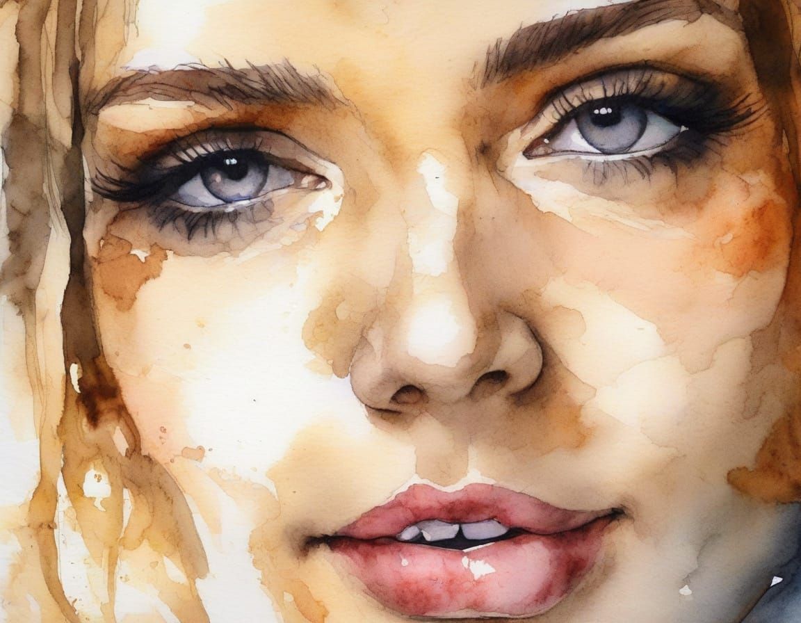 Watercolor and Ink Portrait of a Woman with Golden Light