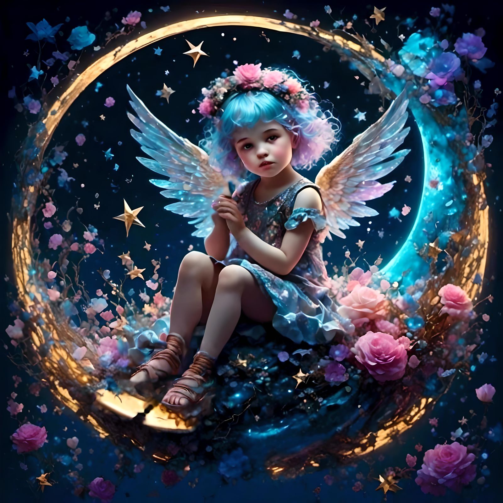 Hyperrealistic Angel on Crescent Moon with Star