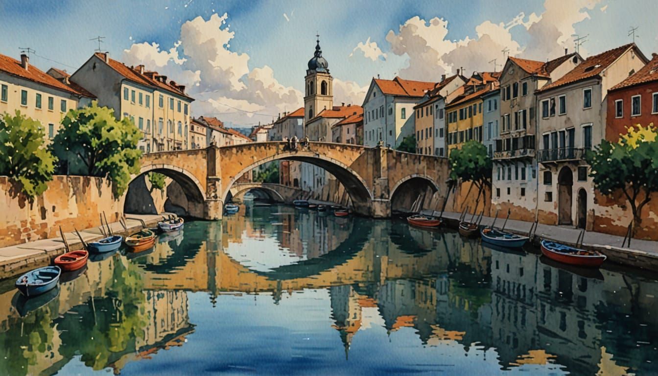 Ancient Romanian Canal Scene with Arch Bridge and Steam Boat