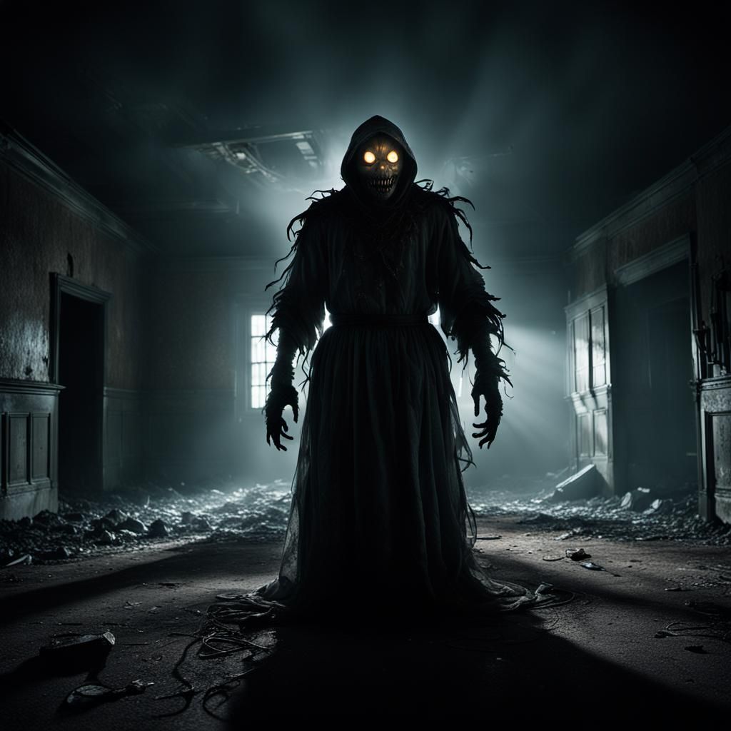 Grotesque Asylum Creature in Eerie Horror Landscape