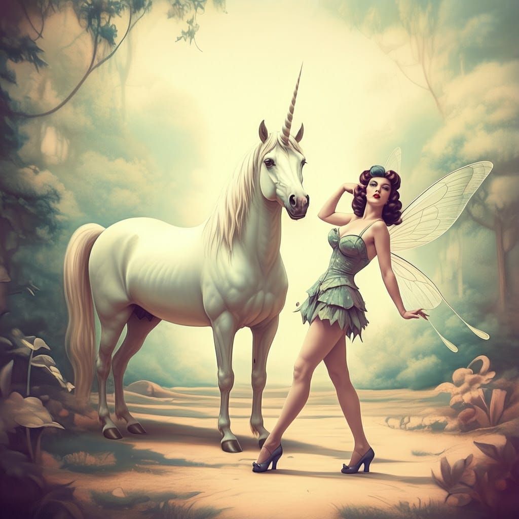 Unicorn and Fairy in Dreamlike Vintage Glamour