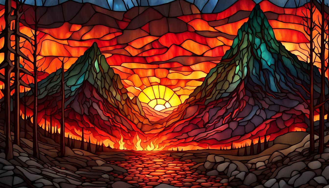 Fiery Lava Mountain in Stained Glass Style