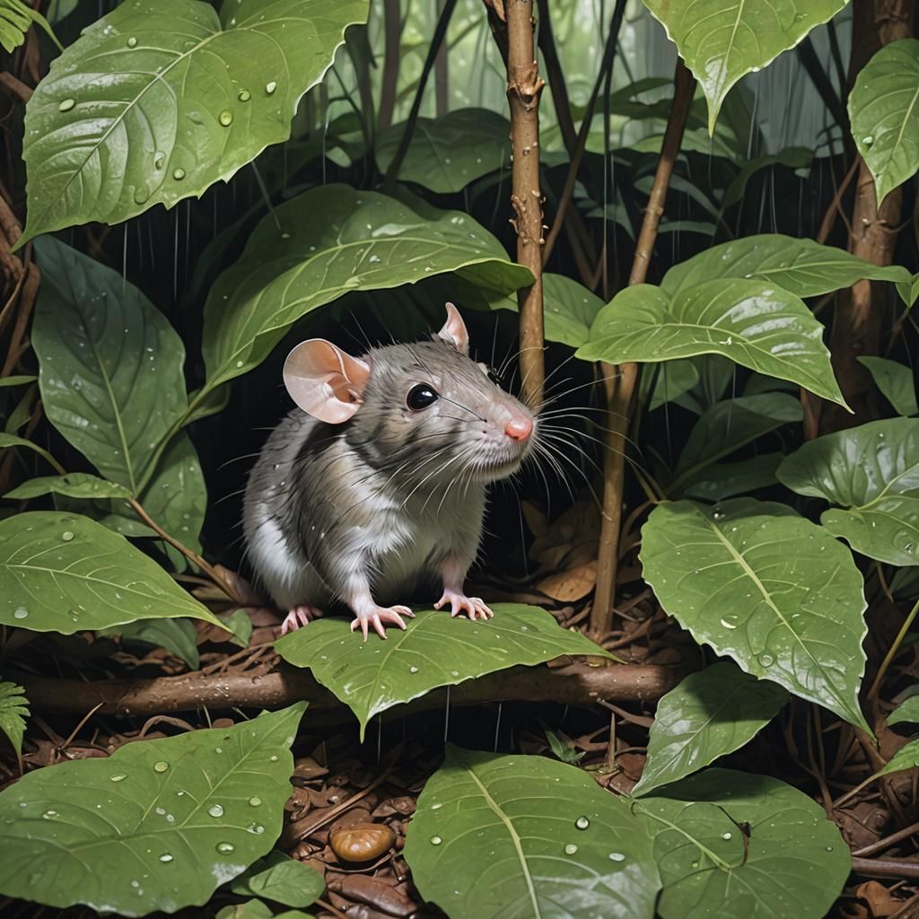 Rat Sheltering from Rain Under Leaf