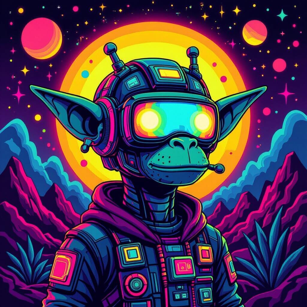 Psychedelic DMT Machine Elf Cartoon with Neon Shapes